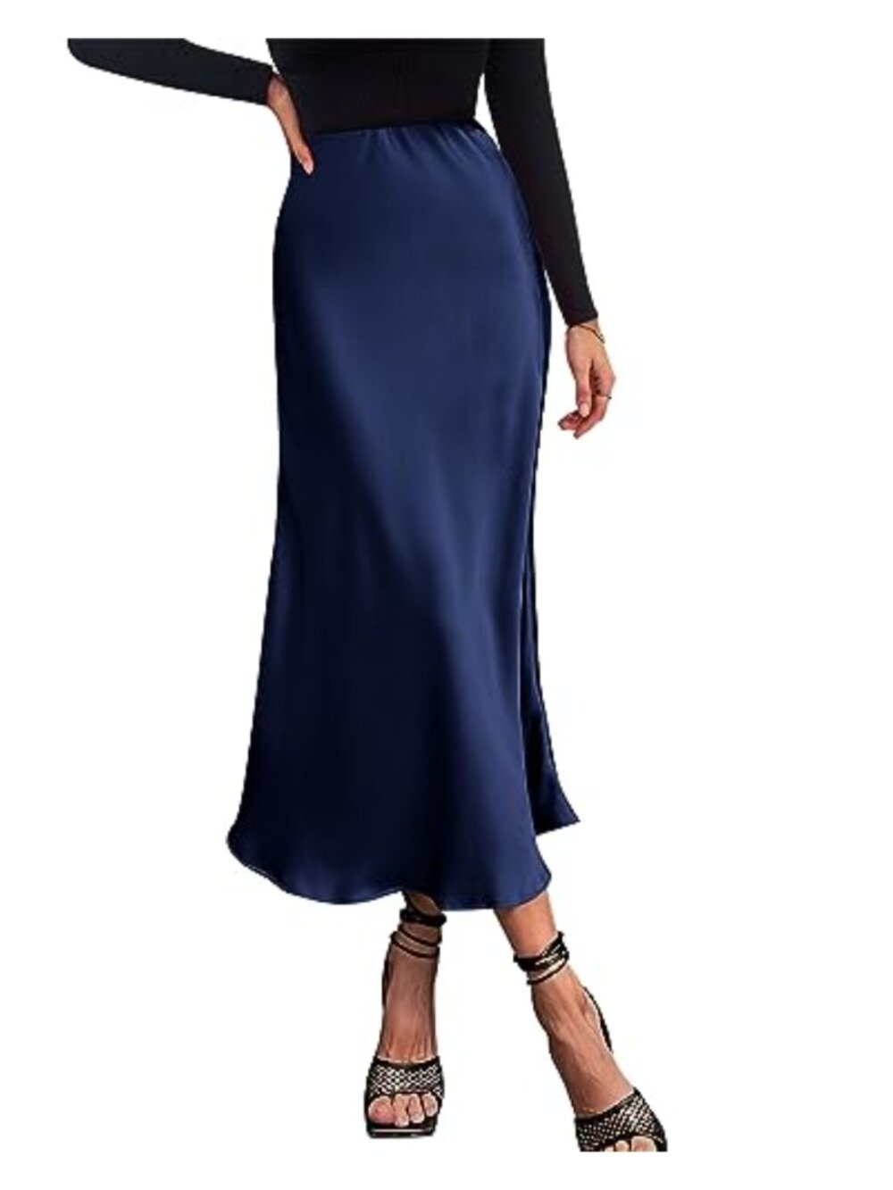 High Waist Satin Midi A-Line Skirt for Women Flowy Elastic Pull On